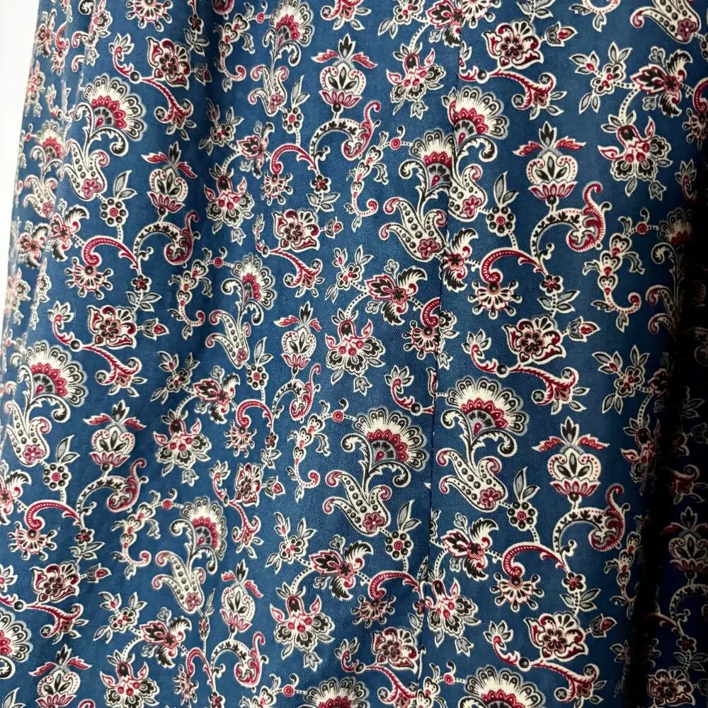 Vintage 1970s Handmade Blue Paisley Chore Skirt Apron Ruffle Pockets Large